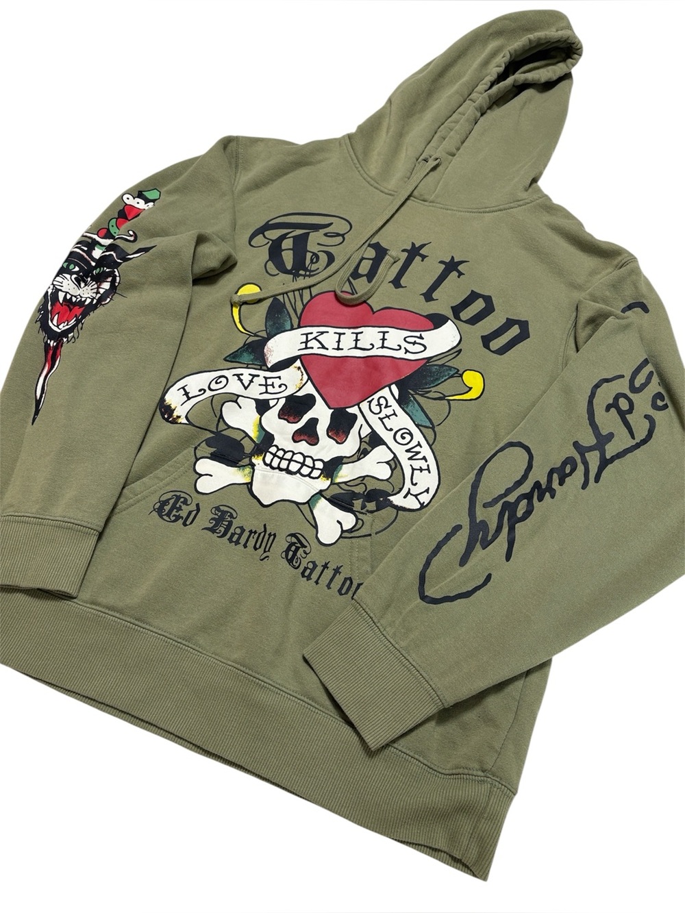 Ed Hardy Green Tattoo Skull Pullover Hoodie with Red Heart Graphic, Men’s L